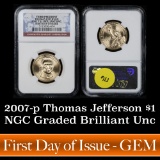NGC 2007-p Thomas Jefferson 1st Day of Issue Presidential Dollar $1 Graded Brilliant Unc. by NGC