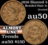 1856 slanted 5 Braided Hair Large Cent 1c Grades AU, Almost Unc