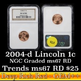 NGC 2004-d Lincoln Cent 1c Graded ms67 RD by NGC