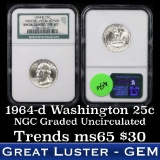 NGC 1964-d Washington Quarter 25c Graded GEM By NGC