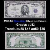 1953 $5 Blue Seal Silver Certificate Grades Select AU