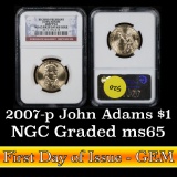 NGC 2007-p John Adams, First day of Issue Presidential Dollar $1 Graded ms65 by NGC