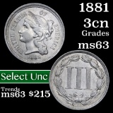 1881 Three Cent Copper Nickel 3cn Grades Select Unc (fc)