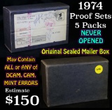 Original Sealed mailer box 1974 proof sets, 5 packs never opened