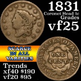 1831 Coronet Head Large Cent 1c Grades vf+