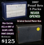 Original Sealed mailer box 1987 proof sets, 5 packs never opened