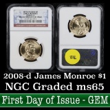NGC 2008-d James Monroe, First Day of Issue Presidential Dollar $1 Graded ms65 by NGC