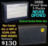 Original Sealed mailer box 1986 proof sets, 5 packs never opened