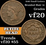 1843 Petite Head, Small letters Braided Hair Large Cent 1c Grades vf, very fine