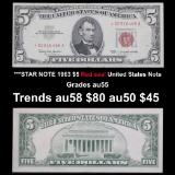 ***STAR NOTE 1963 $5 Red seal United States Note Grades Choice AU