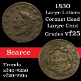 1830 Large letters Coronet Head Large Cent 1c Grades vf+