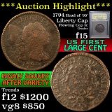 ***Auction Highlight*** 1794 Head of 1795 Liberty Cap Flowing Hair large cent 1c Graded f, fine by U