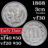 1868 Three Cent Copper Nickel 3cn Grades vf++