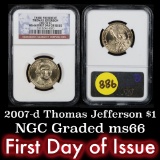 NGC 2007-d Thomas Jefferson, First Day of Issue Presidential Dollar $1 Graded ms66 by NGC