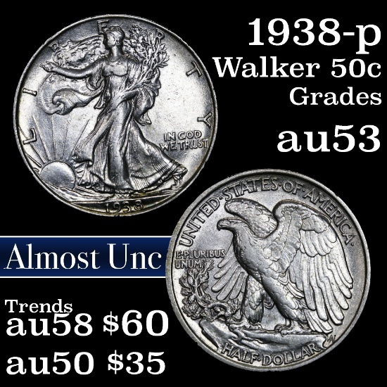 1938-p Walking Liberty Half Dollar 50c Grades Select AU