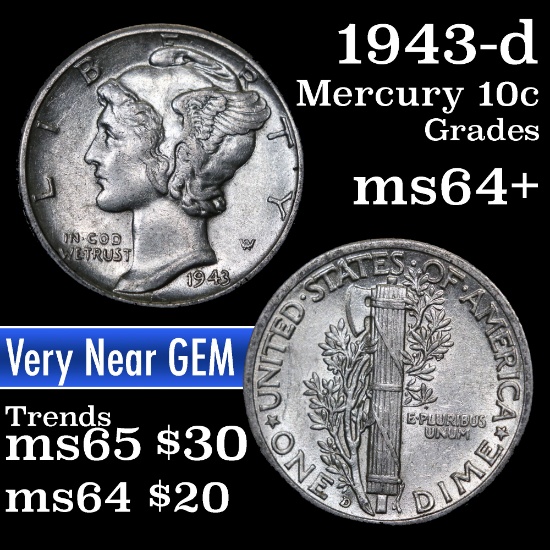 1943-d Mercury Dime 10c Grades Choice+ Unc