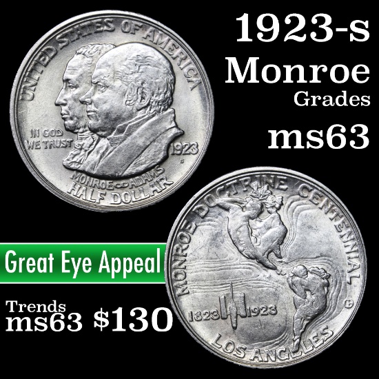 1923-s Monroe Old Commem Half Dollar 50c Grades Select Unc