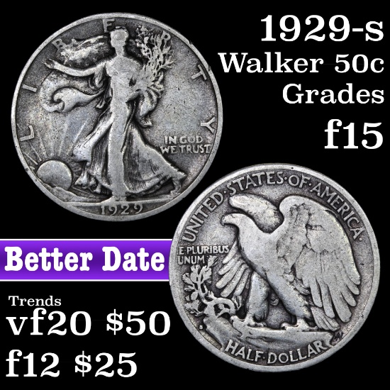 1929-s Walking Liberty Half Dollar 50c Grades f+