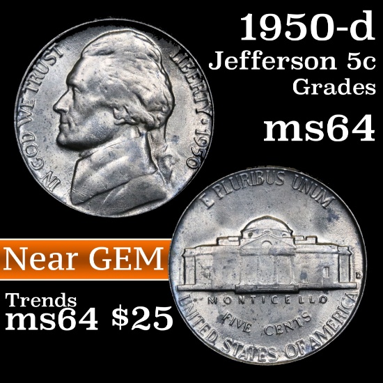 1950-d Jefferson Nickel 5c Grades Choice Unc