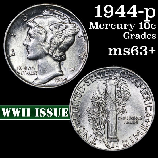 1944-p Mercury Dime 10c Grades Select+ Unc