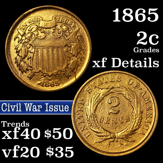 1865 Two Cent Piece 2c Grades xf details