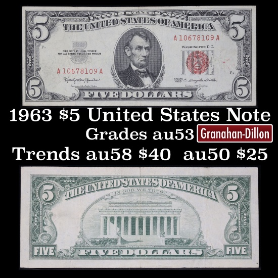 1963 $5 Red seal United States Note Grades Select AU