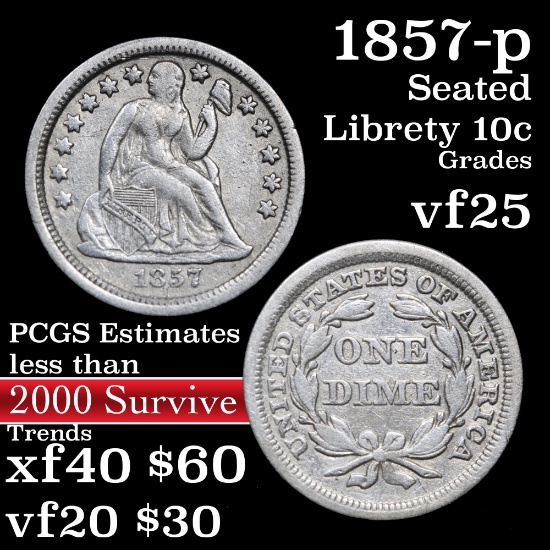 1857-p Seated Liberty Dime 10c Grades vf+
