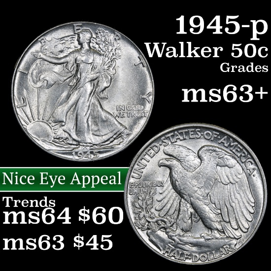 1945-p Walking Liberty Half Dollar 50c Grades Select+ Unc