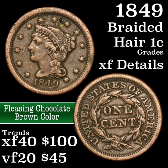 1849 Braided Hair Large Cent 1c Grades xf details