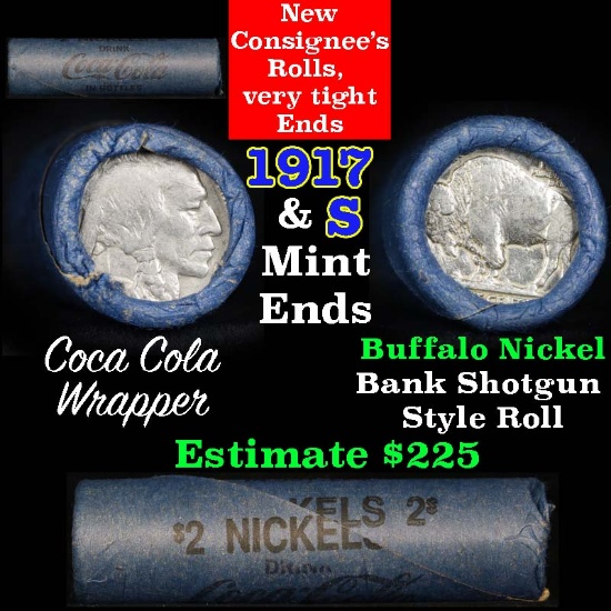 Full roll of Buffalo Nickels, 1917 on one end & a 's' Mint reverse on other end (fc)