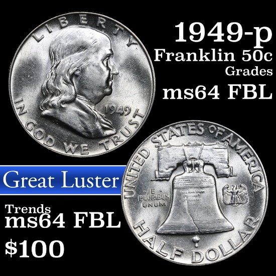 1949-p Franklin Half Dollar 50c Grades Choice Unc FBL