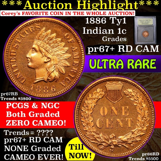 ***Auction Highlight*** 1886 Ty1 Indian Cent 1c Graded GEM++ Proof Cameo by USCG (fc)