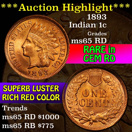 ***Auction Highlight*** 1893 Indian Cent 1c Graded GEM Unc RD by USCG (fc)