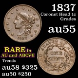 1837 Coronet Head Large Cent 1c Grades Choice AU (fc)