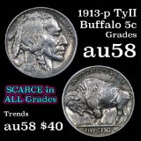 1913-p Ty II Buffalo Nickel 5c Grades Choice AU