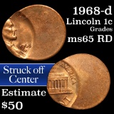 1968-d Mint Error, Struck Off Center Lincoln Cent 1c Grades GEM Unc RD