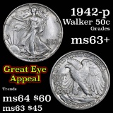 1942-p Walking Liberty Half Dollar 50c Grades Select+ Unc