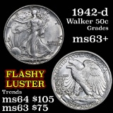 1942-d Walking Liberty Half Dollar 50c Grades Select+ Unc