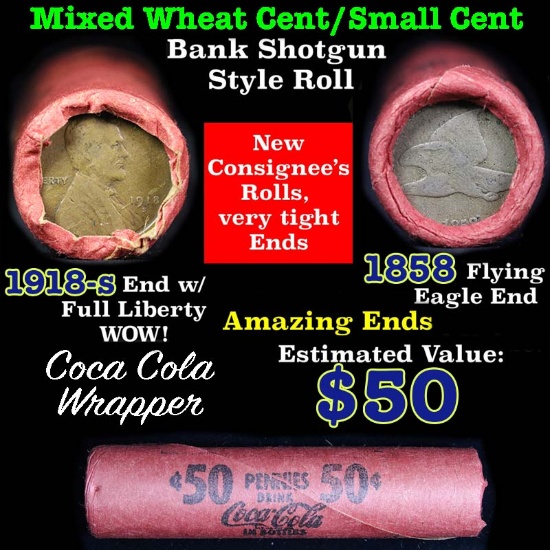 Lincoln Wheat cents 1c orig shotgun roll, 1918-s one end, 1858 Flying Eagle other end (fc)