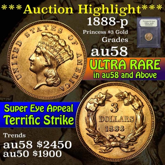 ***Auction Highlight*** 1888-p Princess Head Gold $3 Graded Choice AU/BU Slider By USCG (fc)