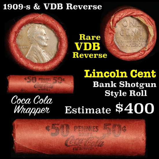 ***Auction Highlight*** Linc Wheat 1c orig roll, 1909-s in AU one end, Unc VDB rev other end, WOW!