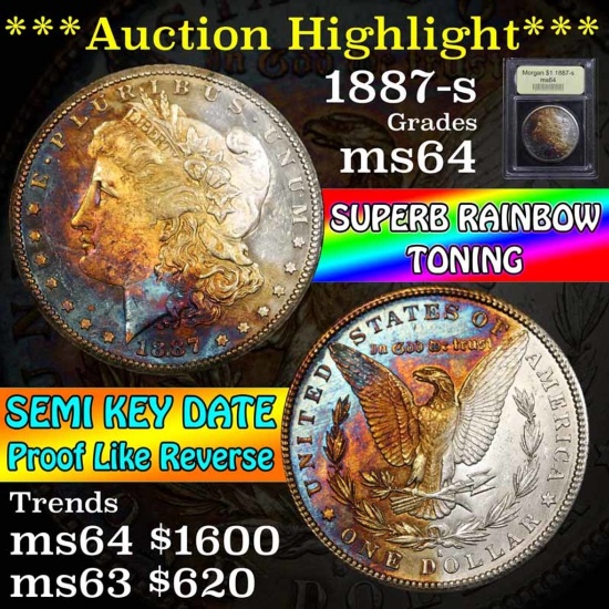 ***Auction Highlight*** 1887-s Rainbow toned Morgan Dollar $1 Graded Choice Unc by USCG (fc)