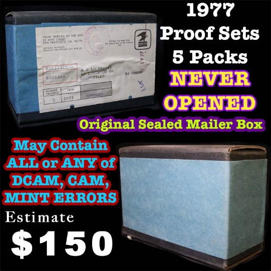 Original Sealed mailer box 1977 proof sets, 5 packs never opened