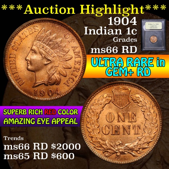 ***Auction Highlight*** 1904 Indian Cent 1c Graded GEM+ Unc RD by USCG (fc)