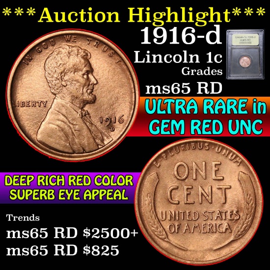 ***Auction Highlight*** 1916-d Lincoln Cent 1c Graded GEM Unc RD by USCG (fc)