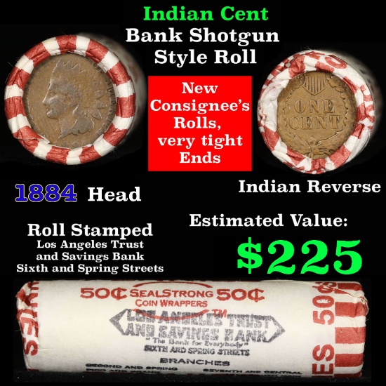 Indian Head Penny 1c Shotgun Roll, 1884 on one end, reverse on the other (fc)
