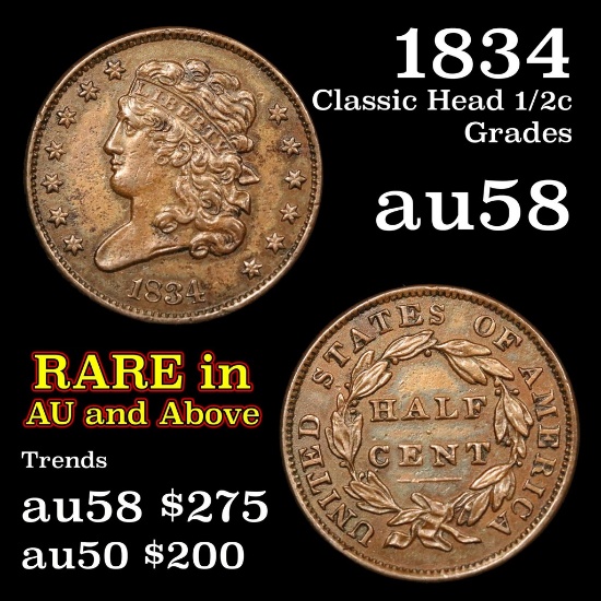 1834 Classic Head half cent 1/2c Grades Choice AU/BU Slider (fc)