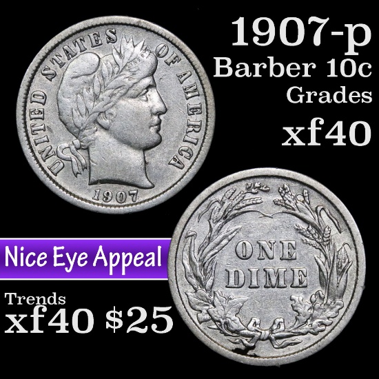 1907-p Barber Dime 10c Grades xf
