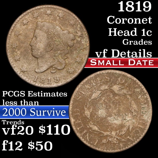 1819 Coronet Head Large Cent 1c Grades vf details