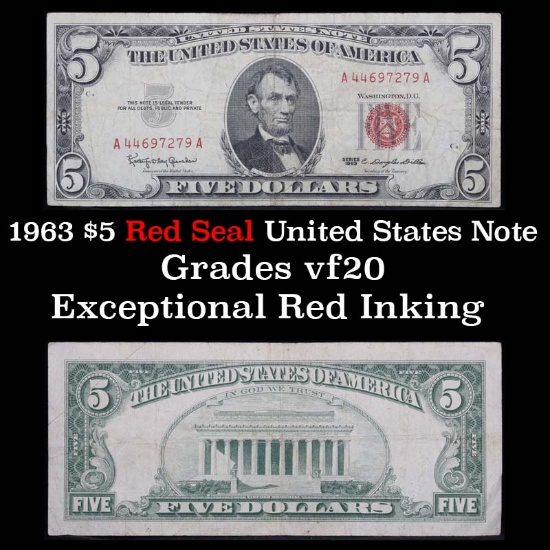 1963 $5 Red seal United States Note Grades vf, very fine
